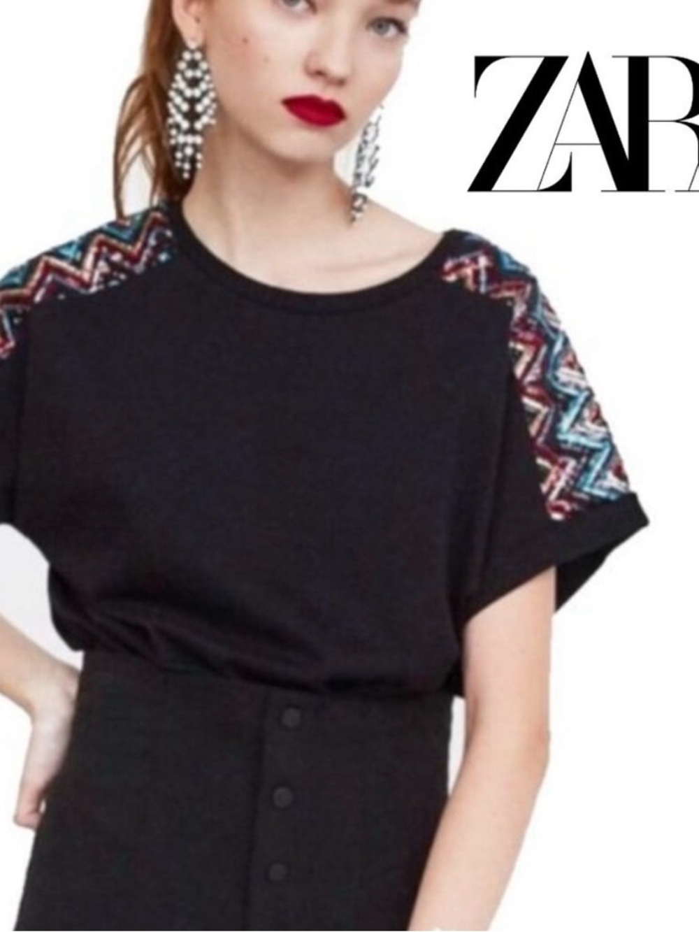 ZARA Black Short Sleeve Tee with Multicolor Sequined Shoulders Sz Small